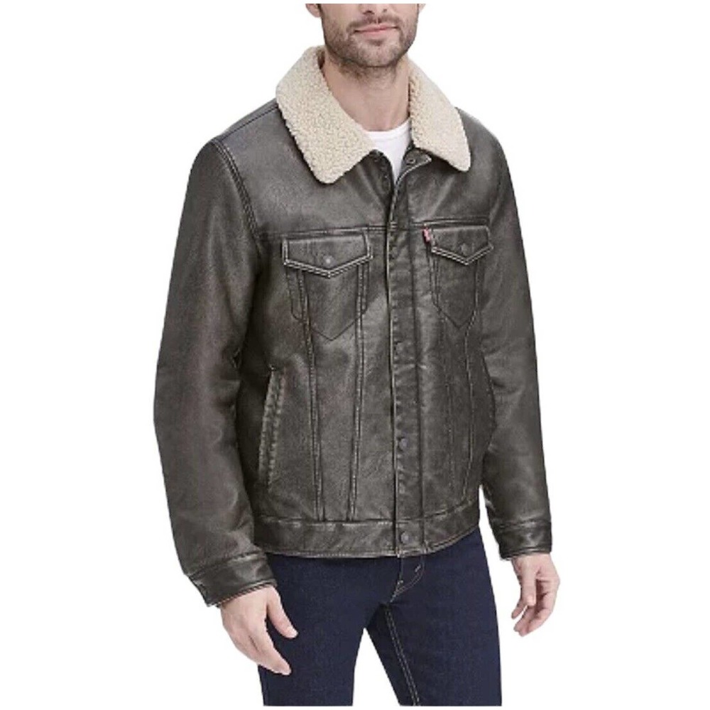 Men's Levi's Sherpa-Lined Faux-Leather Aviator Trucker Jacket Size S NWT - Picture 3 of 15